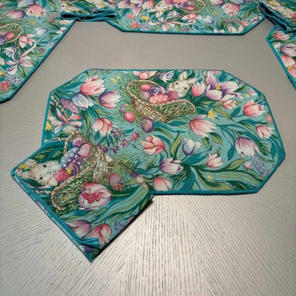 Vintage Bardwil Linens 12 Piece Placemats & Napkins Easter Day Aqua - Picture 4 of 12